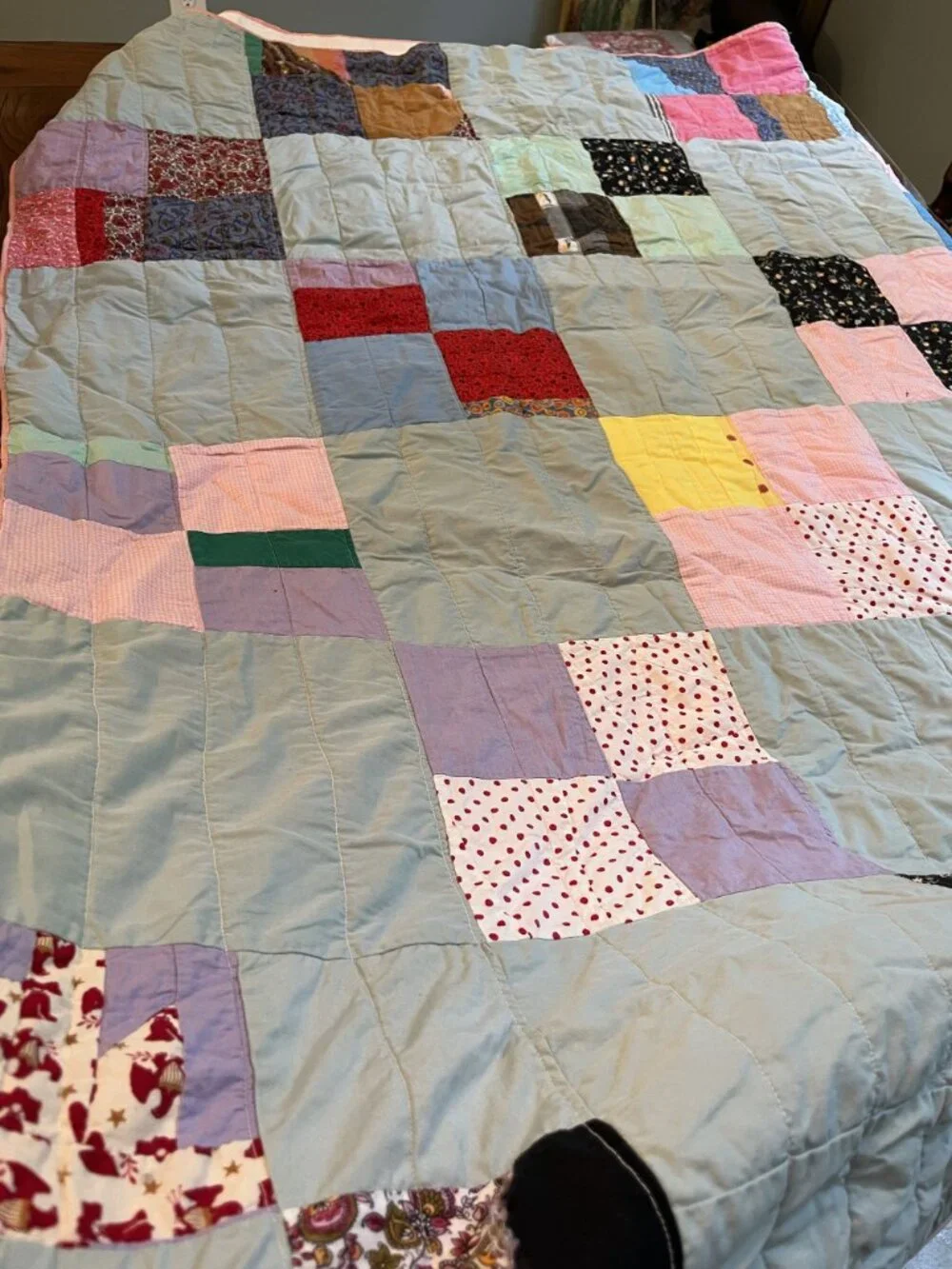 Handmade Vintage Patchwork Quilt With Multi-Color Squares & Pink Trim